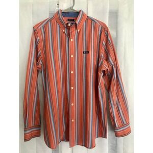 Chaps Mens Easy Care Orange Blue White Striped Long Sleeve Button Down Shirt M